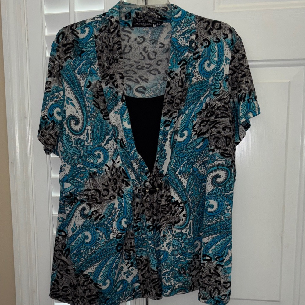 Notations Teal and Black Paisley Blouse 2X